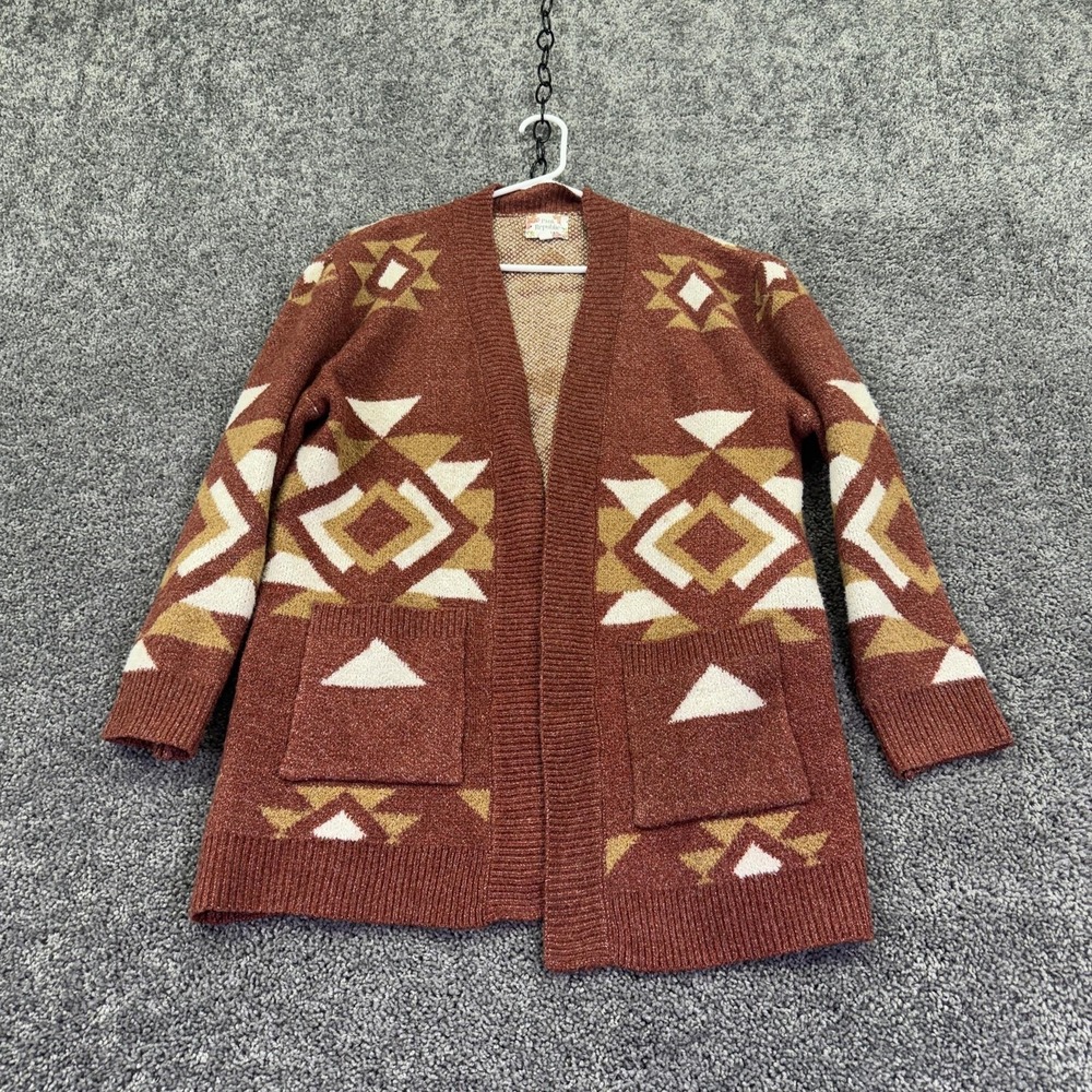 Pink Republic Sweater Cardigan Womens XL Brown Aztec Open Chunky Knit Pockets